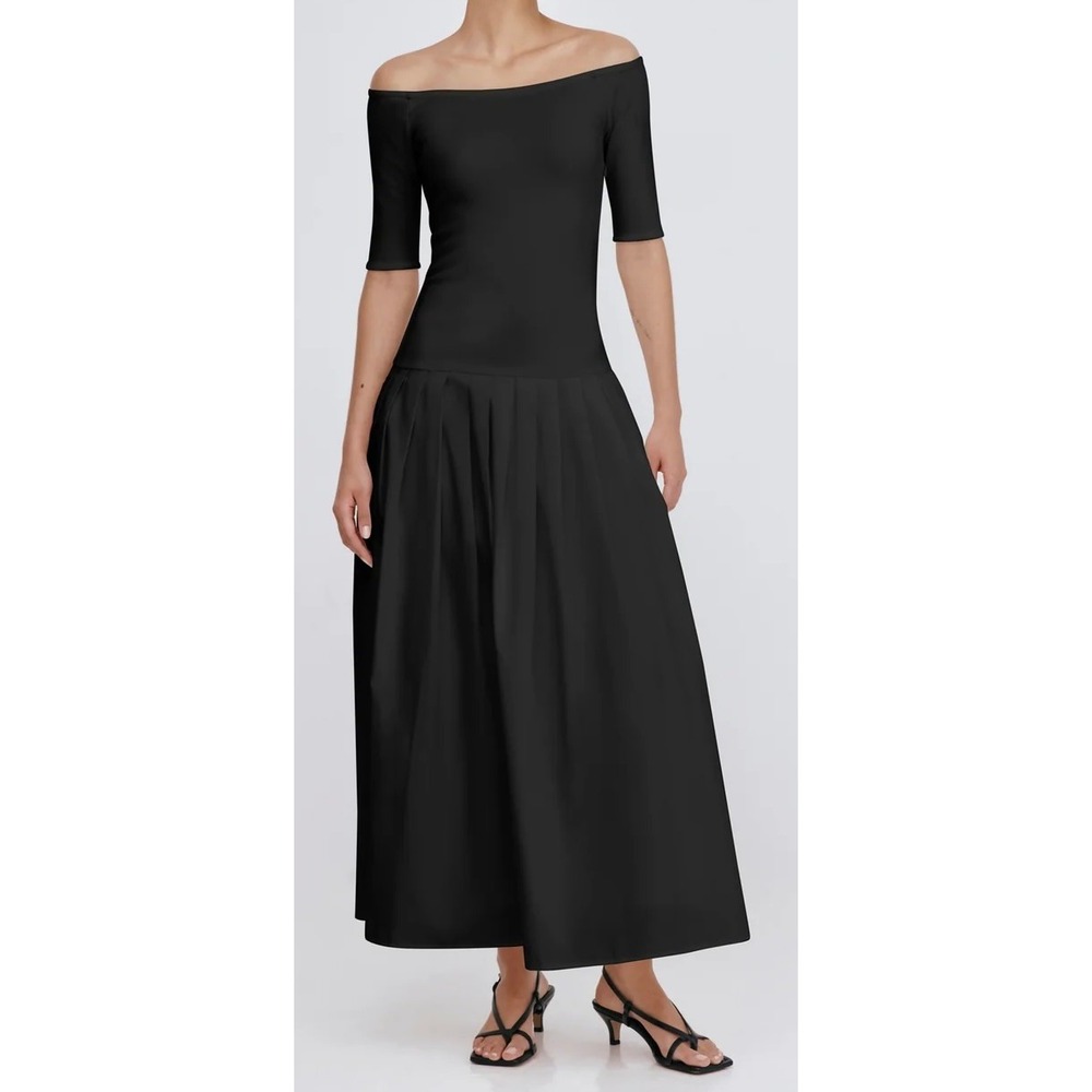 Marcella Mila Dress Black M Off Shoulder Drop Waist Pleated Maxi Pockets